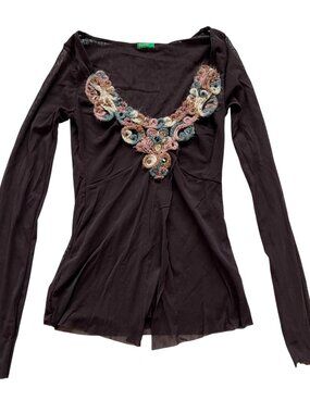 United Colors of Benetton top long sleeve shirt sheer brown mesh XS